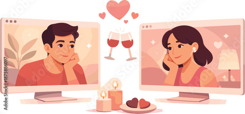 Virtual Romantic Connection. Minimal online date scene featuring two faces framed in screens with shared romantic atmosphere,
