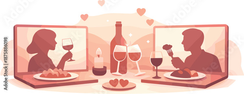 Virtual Dinner Vibes. Minimal online dining composition featuring two screens with food silhouettes and shared romantic mood,