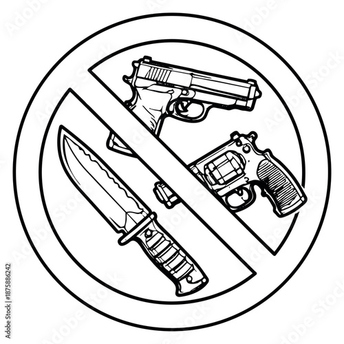 Hand drawn line art illustration of a no weapons sign depicting prohibited firearms and knives for security zones