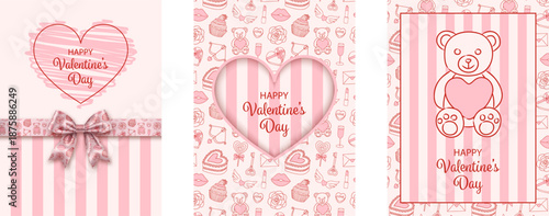 set of valentine's day cards with coquette elements. collection of valentine backgrounds with doodles and bow with ribbon