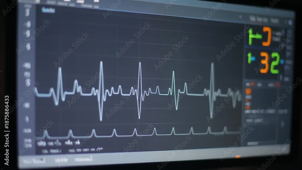 ECG monitor displaying heart rate and vital signs in a hospital setting ...