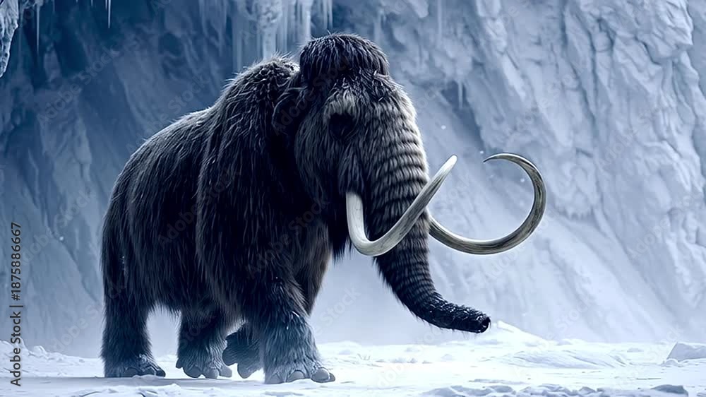 Majestic woolly mammoth walking through a desolate, snowy landscape ...
