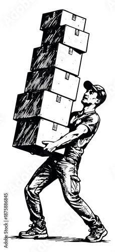 Hand drawn line art illustration of a delivery man depicting struggling to carry many boxes for shipping and logistics concepts