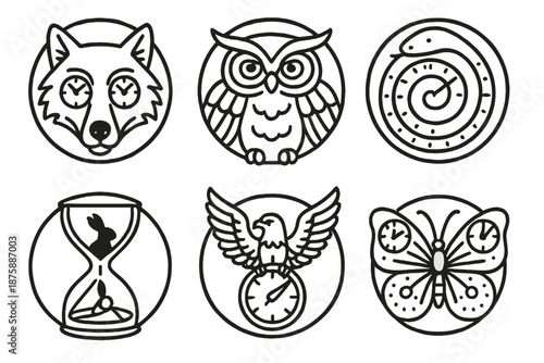 Chrono Beasts Icons. Line style circular vector icons of chrono beasts: wolf with clock face eyes, owl wings shaped like gears,
