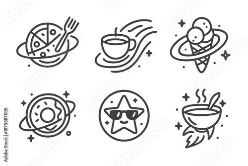 Cosmic Culinary Icons. Line style circular vector icons of stellar dining: pizza planet orbiting fork, coffee comet swirl, ice