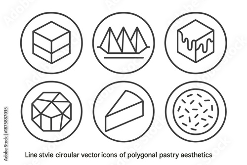 Geometric Pastry Icons. Line style circular vector icons of polygonal pastry aesthetics: cube-shaped cake, triangular icing peaks,