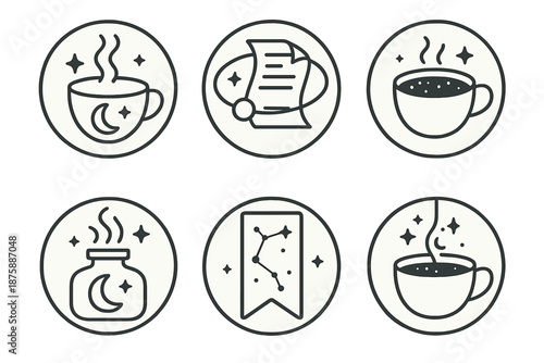 Starlit Creativity Icons. Line style circular vector icons of starlit creativity: moon cup with rising steam, orbiting pages like