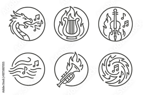 Symphonic Fire Icons. Line style circular vector icons of symphonic fire: dragon exhaling glowing notes, flame harp aura, burning
