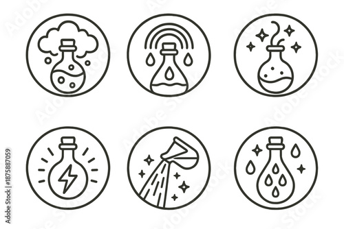 Elemental Brew Icons. Line style circular vector icons of elemental brew: potion flasks forming cloud, rainbow raindrops falling,
