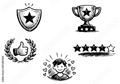 Hand drawn line art icons set featuring a shield, trophy, thumbs up, rating stars, and a happy customer for quality and feedback concepts