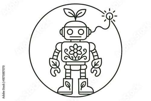 Eco-Robot Line Art. Line style circular vector icons of nature-inspired machine: mechanical body with plant hat, leaf wrist cuffs,