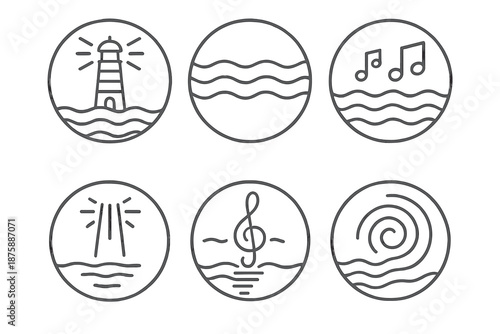 Symphonic Shore Iconography. Line style circular vector icons of symphonic shore: musical lighthouse glow, wave rhythm lines,