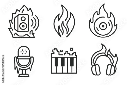 Ice Fire Sound Waves. Line style icons of Ice Fire Sound Waves: frozen speaker, flame-shaped sound waves, tiny icy microphone,