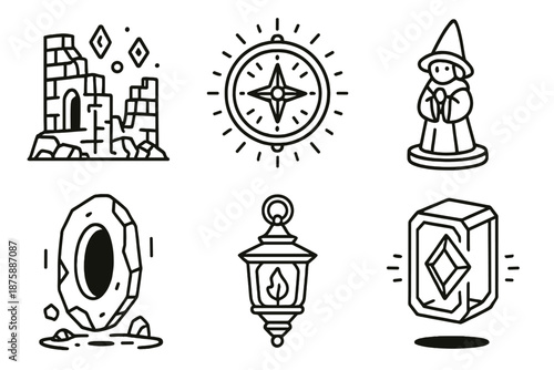 Ancient Fantasy Icons. Line style icons of Ancient Fantasy Paths: crumbled fortress with floating glyphs, glowing magical compass,