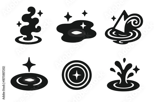 Luminous Liquid Icons. Solid style icons of luminous liquid phenomena in : floating ink, glowing puddle, prism swirl, radiant pool
