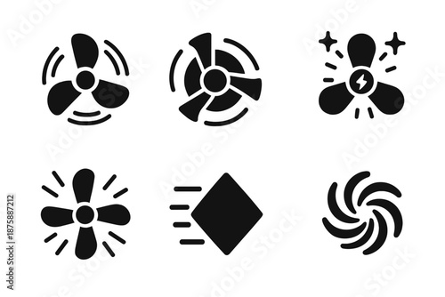 Kinetic Energy Icons. Solid style icons of kinetic energy effects in : spinning blades, rotating turbines, glowing propeller,
