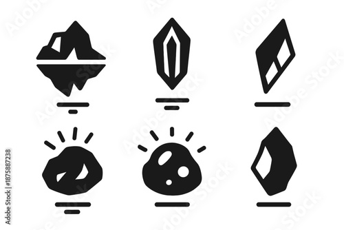 Floating Natural Icons. Solid style icons of levitating natural objects in : floating iceberg, hovering crystal, prism shard,