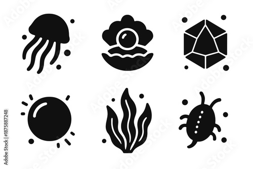 Floating Underwater Icons. Solid style icons of floating underwater objects in : levitating jellyfish, hovering pearl, prism orb,
