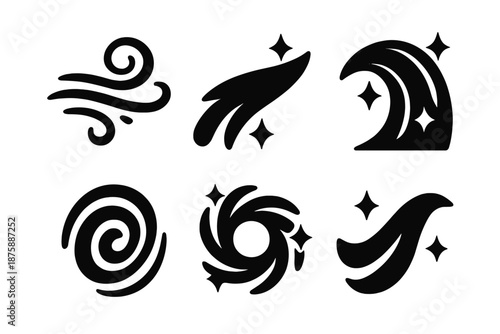 Dynamic Motion Icons. Solid style icons of dynamic movement in : swirling wind, glowing motion trail, prism arc, radiant flow,