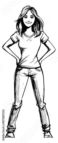 Hand drawn line art illustration of a confident young woman depicting a casual pose for lifestyle and character design