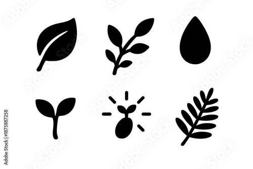 Levitating Natural Elements. Solid style icons of levitating natural elements in : floating leaf, hovering branch, prism petal,