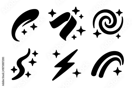 Magical Icon Effects. Solid style icons of magical motion effects in : glowing trail, prism ribbon, radiant swirl, ethereal