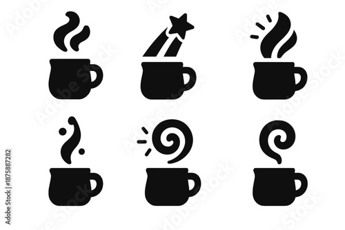 Magical Beverage Effects. Solid style icons of magical beverage effects in : glowing steam, prism trail, radiant ribbon, ethereal