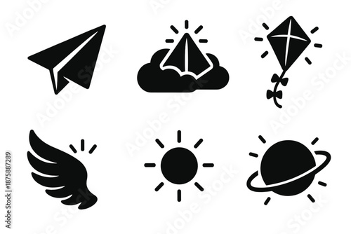 Whimsical Flying Icons. Solid style icons of whimsical flying objects in : paper plane, prism cloud, glowing kite, radiant orb,