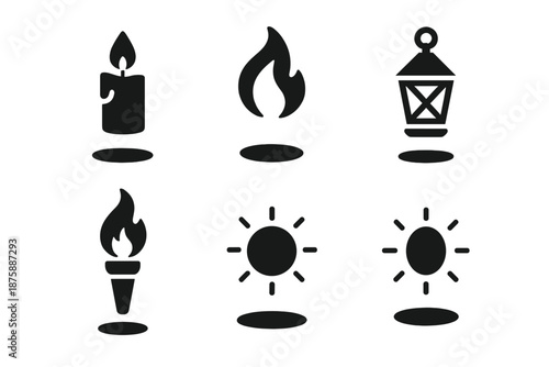 Levitating Light Icons. Solid style icons of levitating light sources in : floating candle, hovering flame, prism lantern, radiant