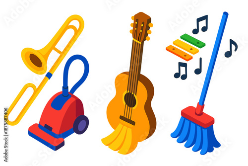 Musical Cleaning Instruments. Isometric vector illustration set Musical Instruments for Home Cleaning: vacuum shaped like a