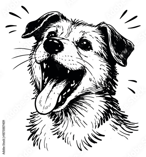 Hand drawn line art illustration of a happy dog depicting an excited pant for pet themed content