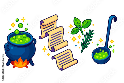 Magical Recipe Cauldron. Isometric vector illustration set Culinary Recipes as Magic Spells: bubbling cauldron with recipe scrolls