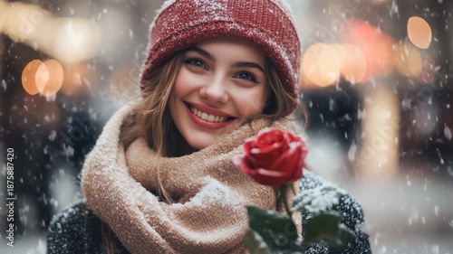 Wallpaper Mural Romantic Female Portrait with Red Rose and City Lights Torontodigital.ca