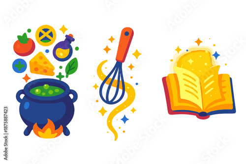 Magical Culinary Illustrations. Isometric vector illustration set Culinary Recipes as Magic Spells: cauldron with ingredients