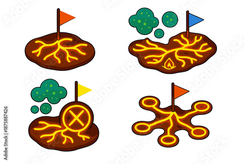 Fungal Clan Vexillology. Isometric vector illustration set Vexillology for Mycelium Network Clans: underground fungal network with