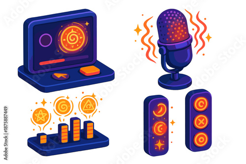 Esoteric Audio Interface. Isometric vector illustration set Esoteric Podcast Production Controls: recording interface with glowing