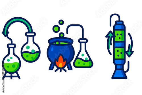 Zero-Waste Alchemy Icons. Isometric vector illustration set Zero-Waste Alchemy Lab Equipment: retort connected to circular piping,