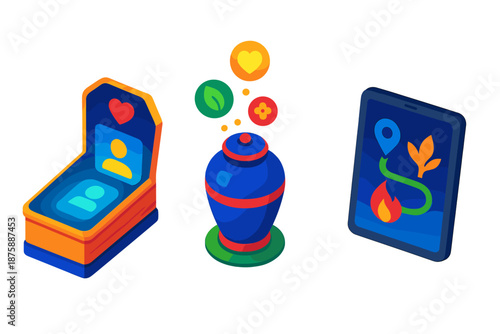 Sustainable Funeral Tech. Isometric vector illustration set Sustainable Funeral Tech Interfaces: smart eco-coffin with glowing