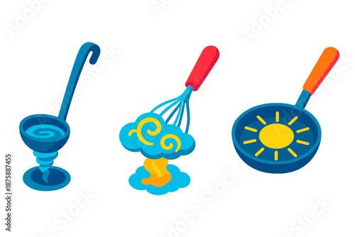 Whimsical Kitchen Weather. Isometric vector illustration set Kitchen Utensils Forecasting Tomorrow's Weather: soup ladle swirling