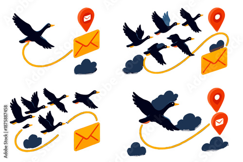 Migratory Email Icons. Isometric vector illustration set Bird Migration as Email Routing: geese tracing email delivery routes,