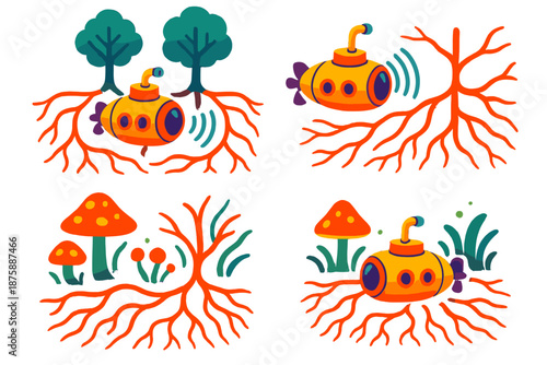 Submarine Root Exploration. Isometric vector illustration set Submarine Exploring Forest Root Systems: miniature submarine tracing