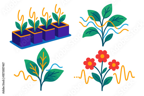 Urban Garden Vibration. Isometric vector illustration set Urban Gardening with Sound Waves: urban planter boxes with glowing
