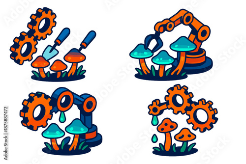 Clockwork Fungi Cultivation. Isometric vector illustration set Clockwork Mechanisms Cultivating Bioluminescent Fungi: rotating