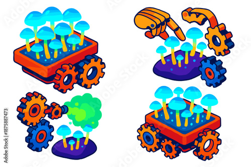 Clockwork Fungi Garden. Isometric vector illustration set Clockwork Mechanisms Cultivating Bioluminescent Fungi: gear-driven