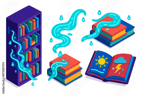 Floating River Libraries. Isometric vector illustration set Library Books Forecasting Atmospheric Rivers: library shelves with