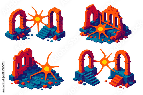 Neural Network Ruins. Isometric vector illustration set Architectural Ruins as Neural Pathways: arches and ruined facades