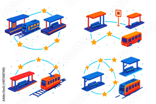 Zodiac Transport Constellations. Isometric vector illustration set Public Transport Stops Constellating Zodiac: train platforms