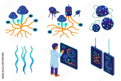 Bioluminescent Mycelium Interfaces. Isometric vector illustration set Biomimetic interfaces for mycelium networks: glowing fungal