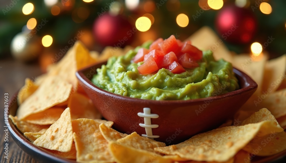 Obraz premium Football themed bowl holds green guacamole with diced tomatoes, surrounding tortilla chips. Appetizer served for sports game party, holiday gathering, casual get-together. Delicious, savory, fresh,