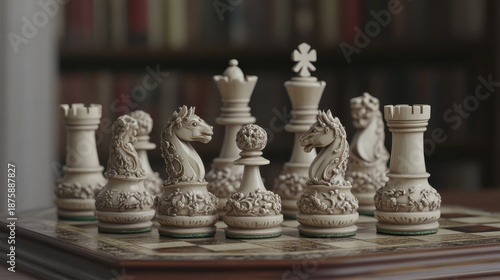 Intricate ivory chess pieces meticulously carved and arranged on a board signifying a strategic stalemate